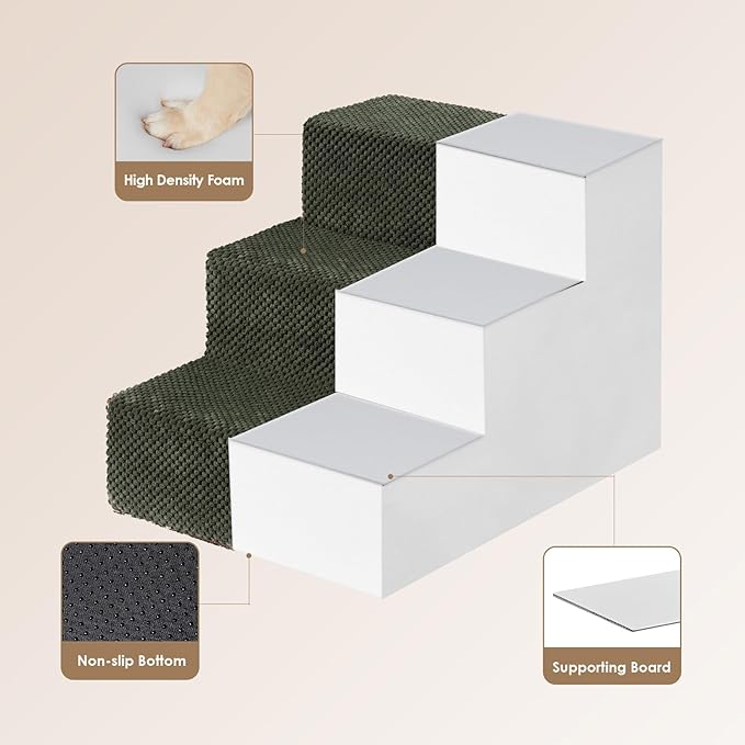 EHEYCIGA Dog Stairs for Small Dogs 13.5" H, 3-Step Dog Steps for Couch Sofa and Chair, Pet Steps for Medium Cats, Non-Slip Balanced Pet Ramp Indoor, Olive Green
