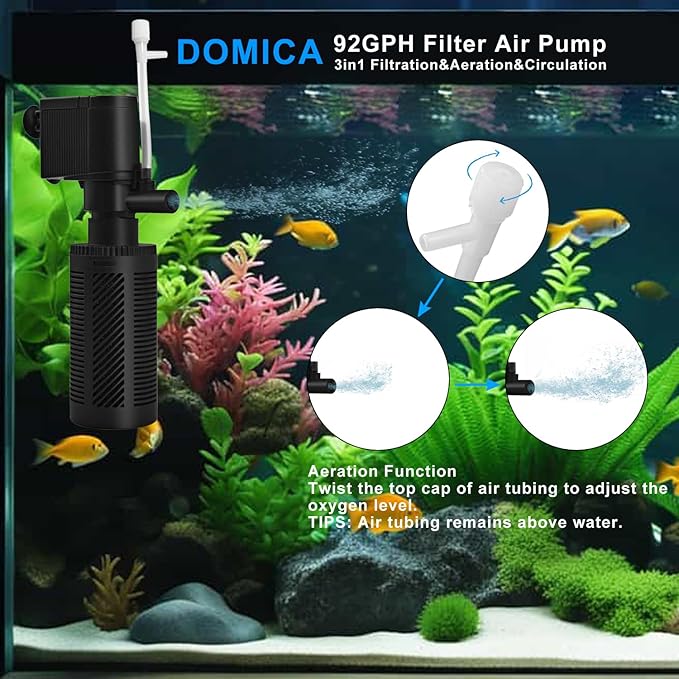 DOMICA Small Aquarium Filter with Aeration System 92GPH 5W Internal Filter for 3 to 10 Gallons Fish Tank, Submersible Fish Tank Filter with 4-pack Pre-filter Sponge
