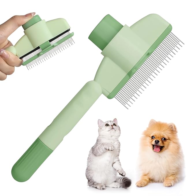 Flea Comb for Cat Hair Removal Comb, 2025 New Self-Cleaning Flea Brush for Cats and Dog, Comfort Cat Hair Removal Tool with Long & Short Stainless Steel Metal Grooming Brush(Green)