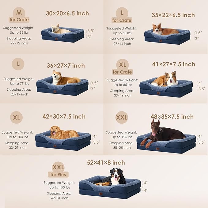 EHEYCIGA Memory Foam Dog Bed for Large Sized, Orthopedic Dog Sofa with Sides and Waterproof Liner, Washable Bolster Pet Couch with Removable Cover, 41x27x7.5 Inch, Navy