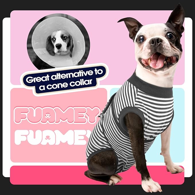 FUAMEY Dog Recovery Suit Male,Dogs Surgery Neuter Suits Puppy Spay Shirts for Female Protect Dog's Skin Anti Licking Abdominal Wounds Doggie Onesie Pet Bodysuit Alternative to Cone Gray Stripes L
