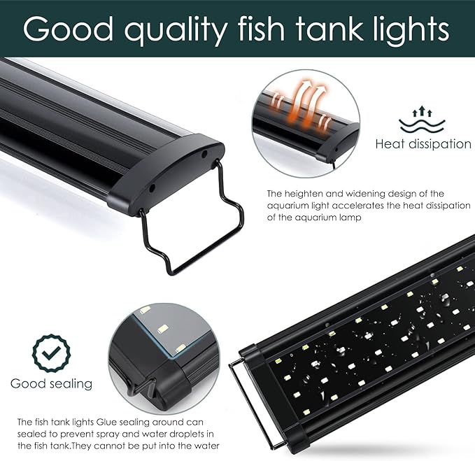 AQQA Aquarium Light,Full Spectrum LED Fish Tank Lights,12"-54" Adjustable Multi-Color White Blue Red Green LEDs with Extendable Brackets,14W-31W for Freshwater Plants (14W (12"-18"))