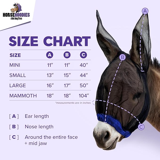Donkey Fly Mask with Long Ears (Purple) Made in USA - Mule Fly Mask with Ears Protection from Insects and Bugs, Small Donkey Soft Mesh Fabric with Adjustable Fastener, Face Cover Supplies for Donkeys