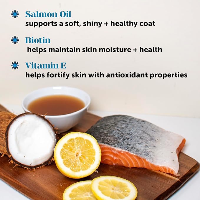 Dog Skin and Coat Supplement with Salmon Oil for Dogs - Allergy Itch Relief + Skin & Coat Health, Dog Food Topper Bone Broth with Salmon Oil, Collagen, Biotin + Vitamin E (12 oz)