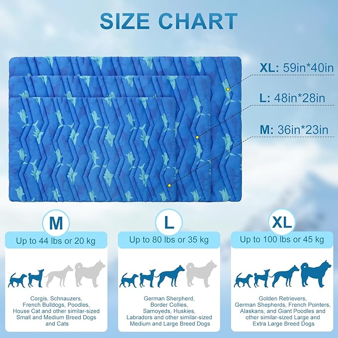 BEAUTYZOO Dog Cooling Mat- Upgraded Thicken Cooling Mat for Large Dogs Reversible(Cool & Warm) Pet Ice Cool Bed Washable & Portable, Summer Crate Pad for Big Dog Puppy Up to 44 lbs, Shark Blue 36X23IN