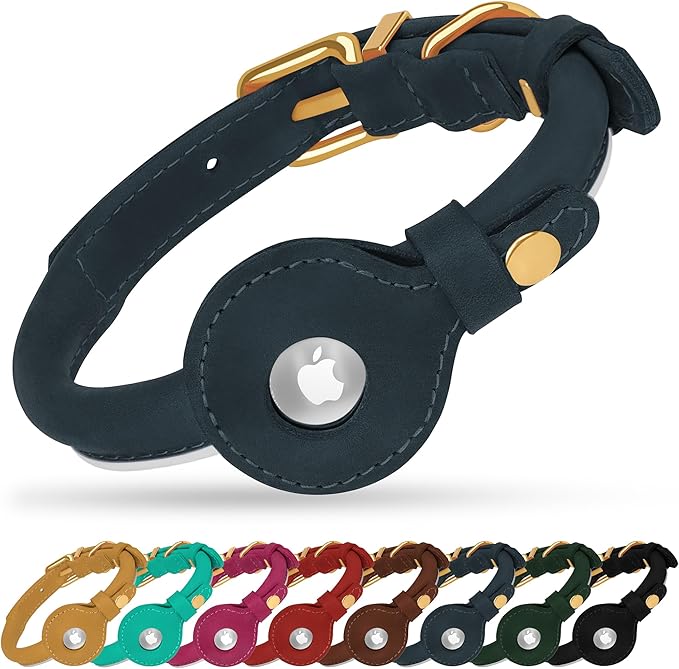OOPSDOGGY Rolled Leather Dog Collar with Airtag Holder - Reflective Round Airtag Dog Collar - Soft Tracking Pet Collar for Small Dogs Puppy Cats Kitten (Denim, S, 10"-13")