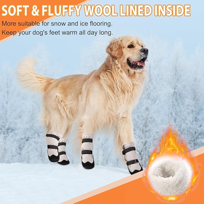 Winter Dog Snow Boots with Warm Wool Lining, Dog Shoes for Large Small Medium Dogs, Dog Booties and Paw Protectors, Anti-Slip Dog Shoes with Reflective for Snow, Hardwood Floors, Hiking (Size 4)