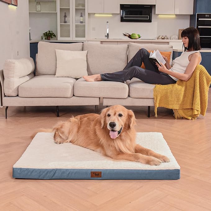 Orthopedic Dog Bed for Large Dogs - Pet Bed with Removable Washable Cover, Large Waterproof Dog Bed for with Egg Crate Foam, Blue White