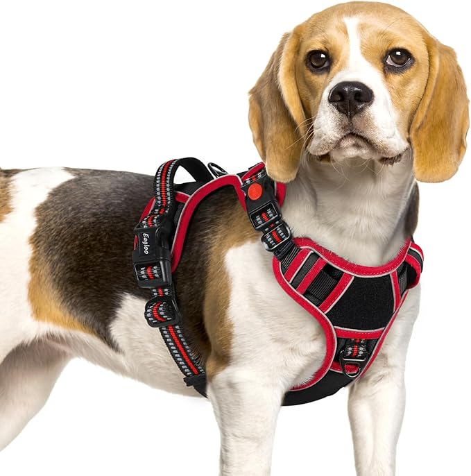 Eagloo Dog Harness Small Sized, Easy Wearing with 3 Buckles, Adjustable No Pull Pet Harness with 2 Rings for Walking, No Chock Reflective Soft Padded Vest with Control Handle, Black & Red, S