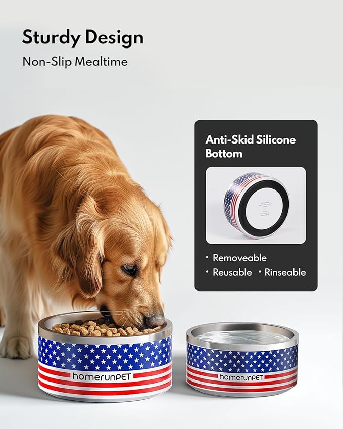 Dog Bowl, HomeRunPet Dog Food Water Bowl with Non-Slip Rubber Base, Metal Insulated Stainless Steel Dog Bowls, Double Wall Dog Bowl for Small Medium Large Dogs, Durable, Dishwasher Safe, 64oz