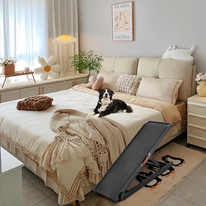 Dog Ramp, Adjustable Height Wooden Folding Pet Ramp for Bed, Couch,SUV-High Traction, Portable Paw Ramps for Small & Large Old Dogs & Cats - Furniture Quality