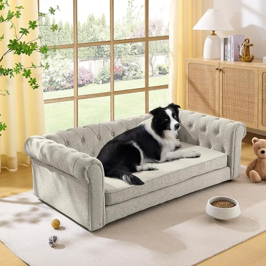 Dog Sofa Couch for Medium to Large Dogs, 55" Memory Foam Pet Sofa Couch with Washable Fabric, Durable Elevated Dog Bed with Legs, Removable Cushion for Medium and Large Dogs, Beige