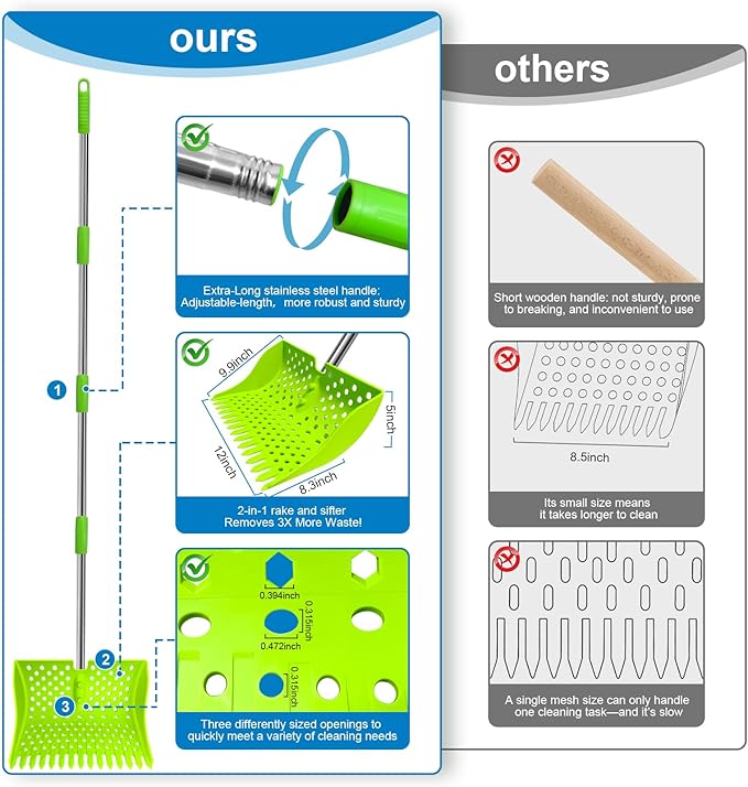 12-Inch 2-in-1 Chicken Poop Scooper & Rake – US Patent Pending – 3-Shape Sifting Holes Chicken Coop Rake，Stainless Steel Handle （20–61"）– Litter Scoop Sand & Sifting Shovel for Chicken Coops(Green)