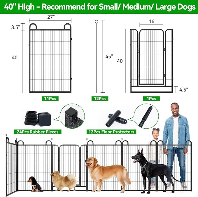 Dog Playpen Outdoor 12 Panels Heavy Duty Dog Fence 40" Height Anti-Rust with Doors Portable for RV Camping Yard, Total 27FT, 58 Sq.ft, Snowy Black