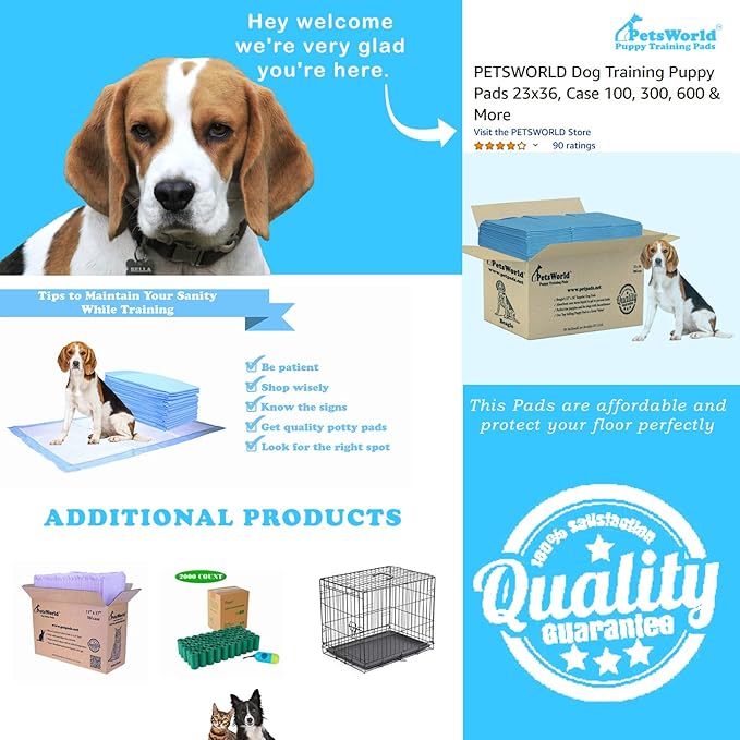 PETSWORLD Puppy Pads, 23x36 Inch, 2400 Count - Puppy Pee Pads for Dogs, Tear Resistant, Economy Value, Super-Absorbent Polymer Gel Core, Perfect for Puppies, Smaller Dogs