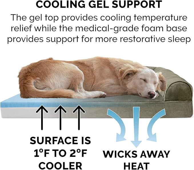 Furhaven Cooling Gel Dog Bed for Large/Medium Dogs w/ Removable Bolsters & Washable Cover, For Dogs Up to 55 lbs - Faux Fur & Velvet Sofa - Dark Sage, Large