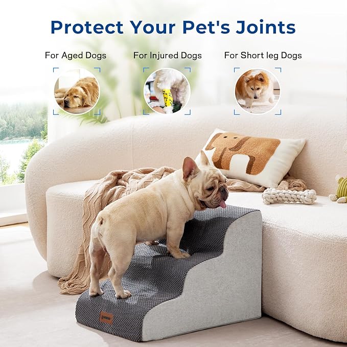 Dog Stairs Ramp for Bed 19.7" H - Pet Stairs Steps for Small to Medium Dogs to Get on Bed and Couch, 35D Foam with Non-Slip Bottom Beige, 4 Steps