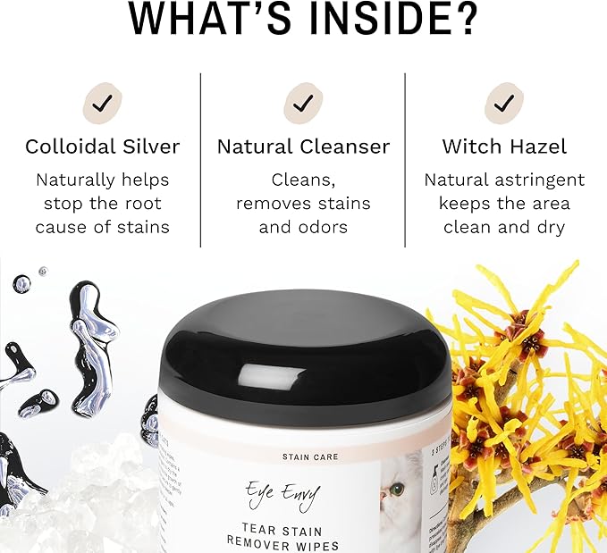 Eye Envy Tear Stain Wipes for Cats. Textured to Gently Clean, Treats The Cause of Staining. 100% Natural Formula. Recommended by Persian & Exotic Breeders, Vets, Groomers. USA Made. 60 Cat Eye Wipes