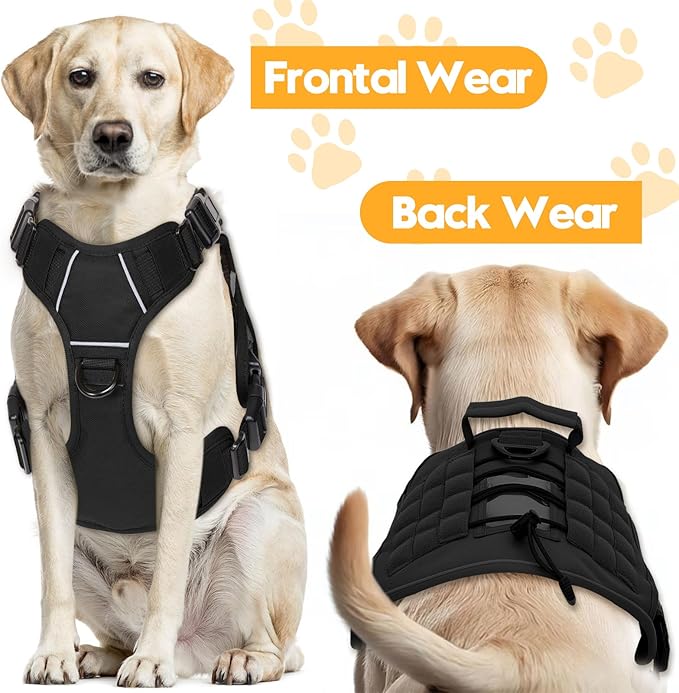 Heavy-Duty Tactical Dog Harness for Large Dogs, No Pull Adjustable Reflective Pet Vest with Molle System, K9 Military-Grade Control for Service Training, Outdoor & 10+ Breeds, Black, X-Large