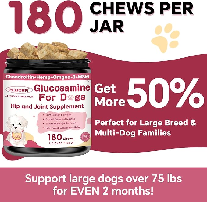 Glucosamine for Dogs - Joint Supplement for Dogs with Chondroitin, MSM, Omega 3, Hemp, Turmeric for Dog Joint Pain Relief, Dog Joint Supplement with Calcium Support Cartilage & Bone Health, 180 Chews