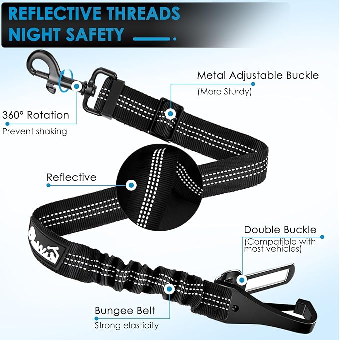 Lukovee Dog Seatbelt Leash for Cars, 2 Pack Pet Safety Car Seat Belt with Adjustable Buckle & Reflective Bungee, Connect Dog Harness in Vehicle Car Dogs Restraint Travel Daily Use (Black)
