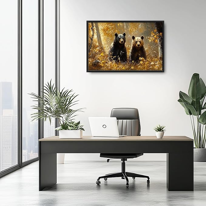 Large Forest Bear Wall Art for Living Room, Black Bear Autumn Canvas Oversized Wall Decor, Wildlife Framed Pictures Painting Print Artwork for Bedroom Office 36L" x 24W"