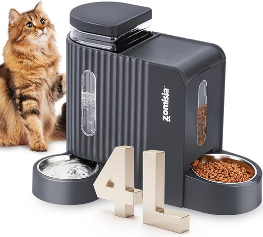 Gravity Cat Feeder and Water Dispenser with 304 Stainless Steel Bowls, 2 in 1 Automatic Cat Feeder with 180 Degree Rotatable Water Bowl, Large Capacity for Puppy Kitten Rabbits, Grey