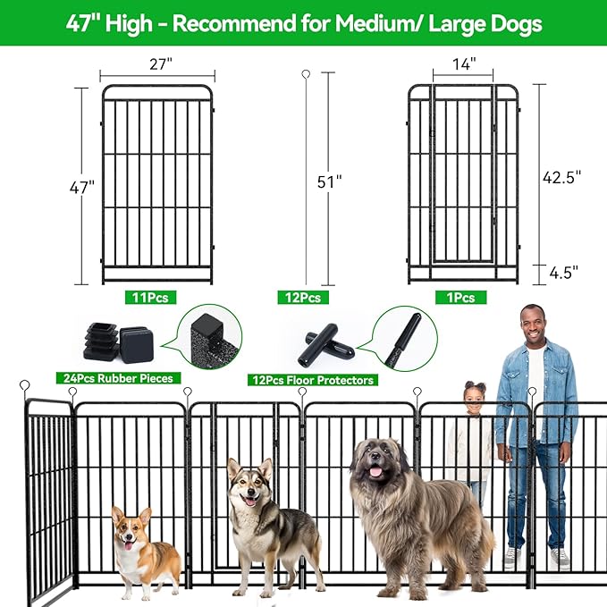 Dog Playpen Outdoor 12 Panels Heavy Duty Dog Fence 47" Height with Thick Pipe Anti-Rust with Doors Portable for RV Camping Yard, Total 27FT, 57 Sq.ft, Snowy Black