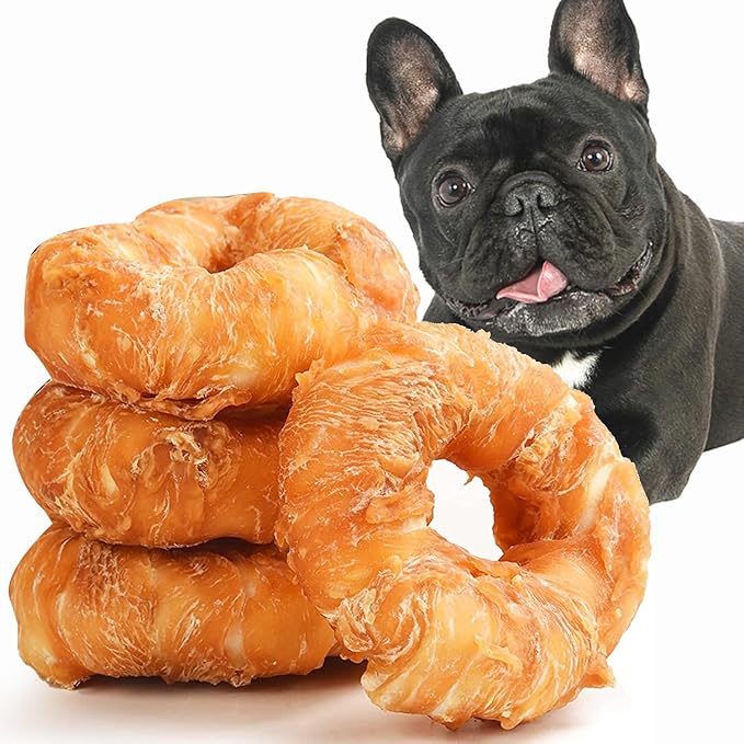 ASMPET Dog Treats Chews, Chicken Wrapped Rawhide Donuts Dental Care Chews for Small Medium Large Breed Aggressive Chewers (Pack of 4)
