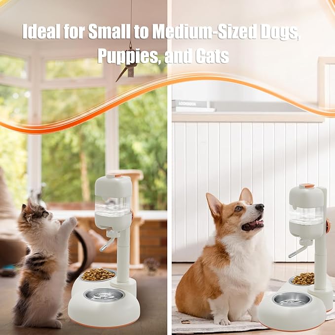 Pet Bowls,15°Tilted Puppy Food Bowls with Puppy Weaning Bottles,3 in 1 Height Adjustable Water Dispenser for Dogs,Pet Food Bowls for Ferrets,Cats,Rabbits and Small Sized Dogs(White)