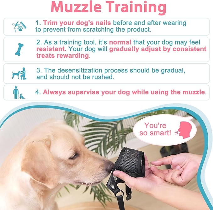 LUCKYPAW Dog Muzzle, Mesh Muzzle for Large Medium Small Dogs, Soft Mouth Guard for Biting Chewing, Breathable Mouth Cover with Adjustable Hook and Loop for Training, Grooming(Black, XS)