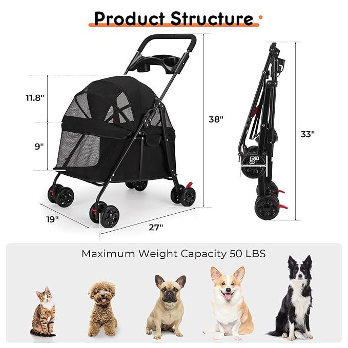Foldable Pet Stroller for Small/Medium Pets up to 22 lbs - Lightweight 4-Wheel Design with Sun Canopy, Storage Bag & Breathable Mesh