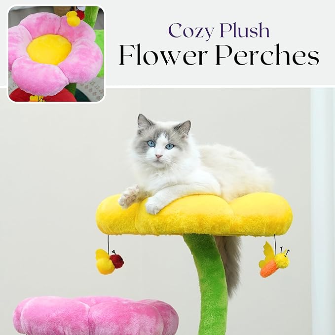 Catry 5-Level 40" Colorful Garden Style Cat Tree with Flower Perches, Leaf Hammock, Fruit Condo, Natural Sisal Scratching Post, Bee Toys, Parts Replaceable