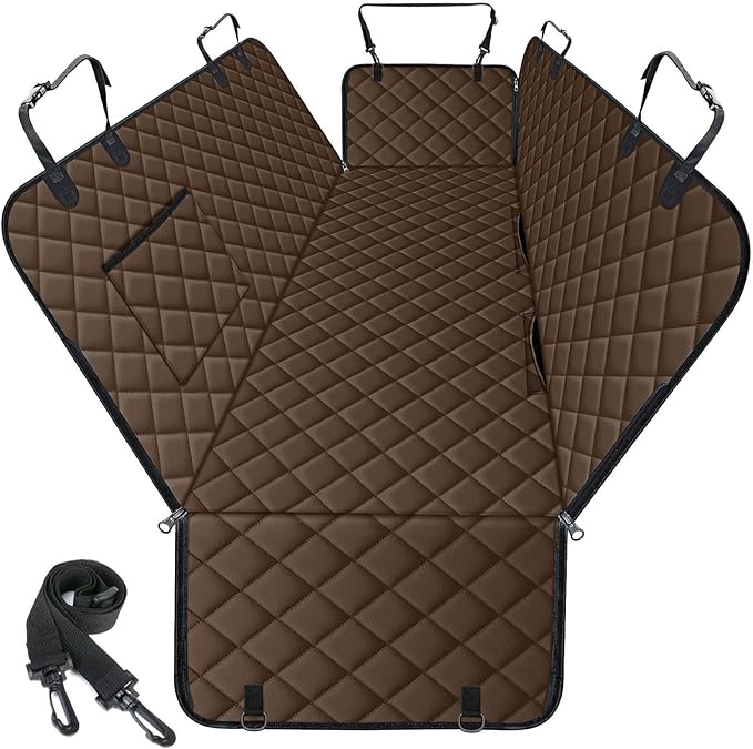 Waterproof Dog Car Seat Cover for Back Seat - Durable, Scratch Proof Pet Hammock with Nonslip Design & Storage Pockets, Fits Cars, SUVs, Trucks - L, Coffee/Black