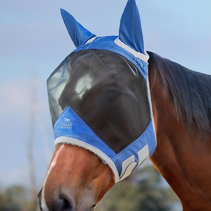 Harrison Howard CareMaster Pro Luminous Horse Fly Mask Large Eye Space Standard with Ears UV Protection for Horse Royal Blue Full Size