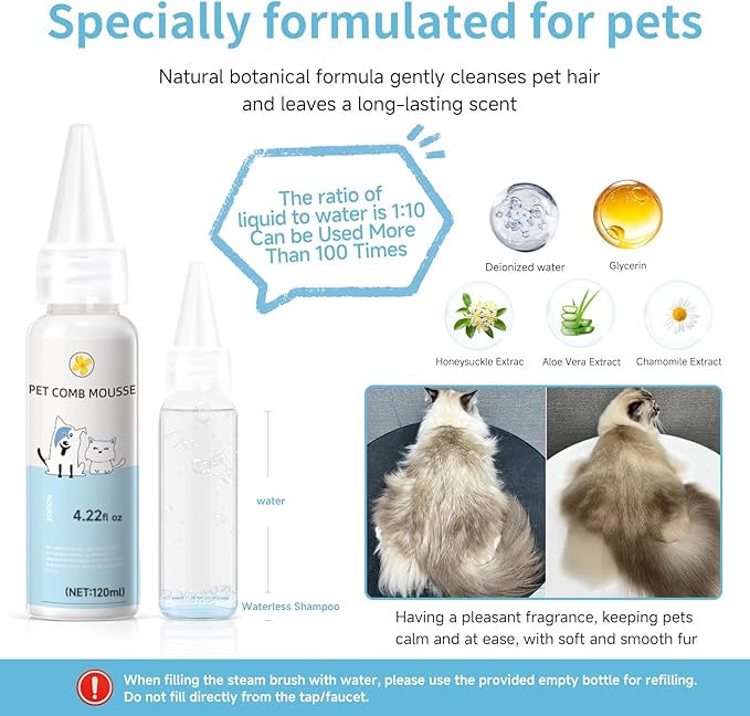 Pet Steam Brush for Dog & Cat – 3-in-1 Spray Hair Removal Comb – Steam Brush for Shedding & Grooming – Spritz Defur Comb – Includes Waterless Shampoo & Dental Wipes