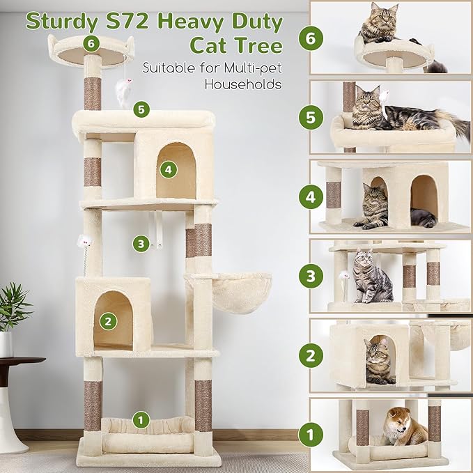 Globlazer Heavy Duty Cat Trees for Large Cats, Sturdy 72in Maine Coon Cat Tree for Large Cat 20 lbs+ Heavy Duty Cat Tower for Adult Biggest Cats with 6 Scratching Posts, Hammock, S72, Beige