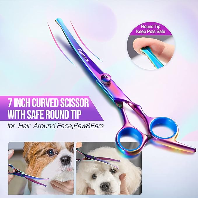 Gimars Dog Grooming Scissors Kit Professional 4CR with Safety Round Tip, 5 in 1 Heavy Duty Titanium Coated Thinning & Curved & Straight Shears