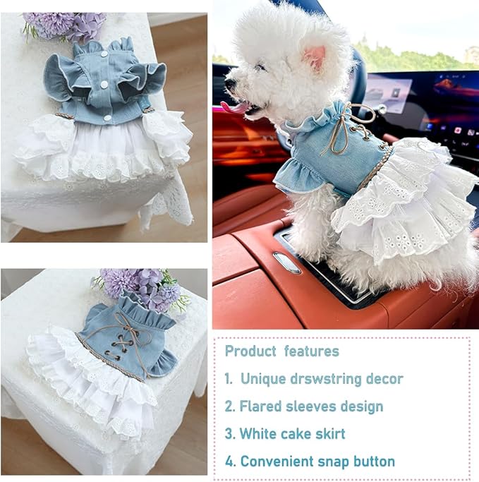 Girl Dog Denim Dress with Flared Sleeves Dog Jeans Jacket Blue White Puppy Clothes for Small Dogs Cat Apparel Cake Skirt Pet Outfit (Blue, Small)