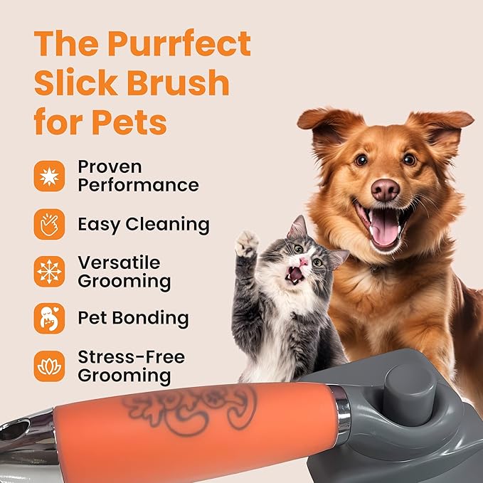 GoPets Self-Cleaning Slicker Brush for Dogs & Cats, Deshdding & Dematting Comb with Retractable Bristles for Easy Cleaning, Undercoat Grooming Tool, Non-Slip Handle, Detangler for Mats & Loose Pet Fur