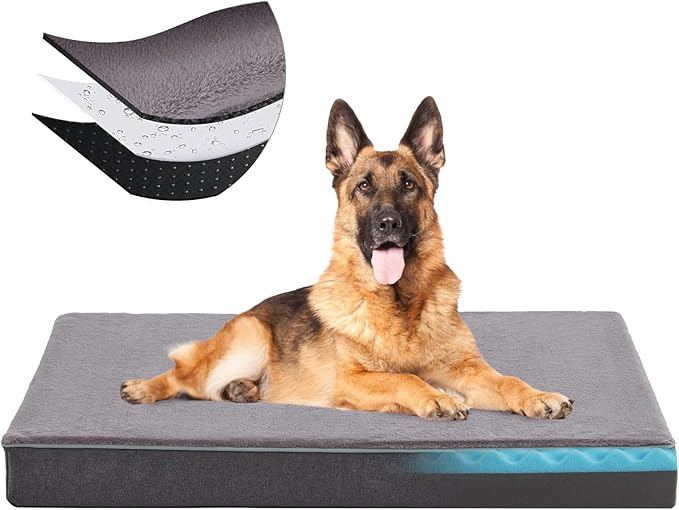 Orthopedic Memory Foam Dog Bed,Cooling Dog Beds for Large Dogs, Washable Pet Beds for Crate with Faux Fur Cover, Waterproof Lining, XXL(47inch)