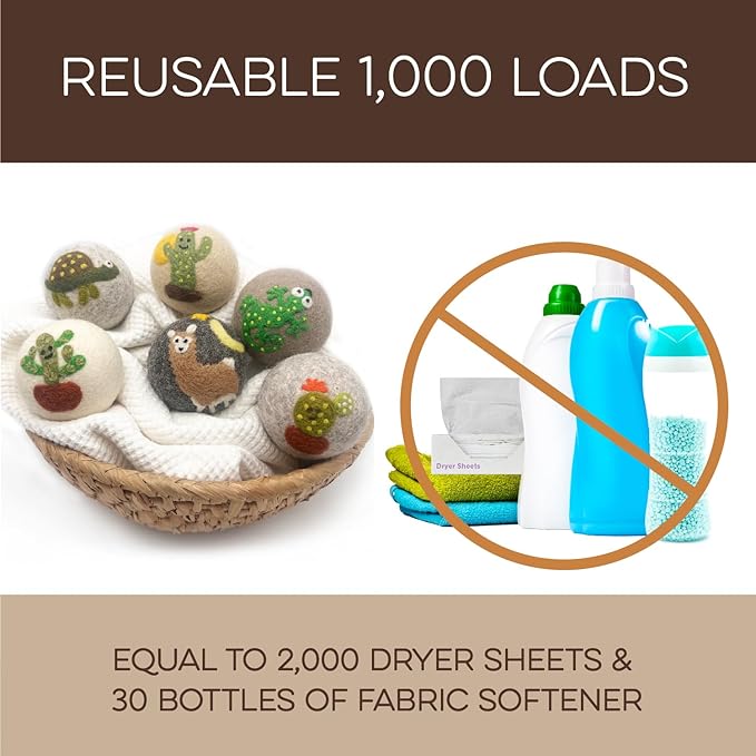 Fluff Ewes Wool Dryer Balls 6 Pack Premium New Zealand Wool Laundry Balls for Dryer, No Static Dryer Balls Laundry Reusable, XL Wool Dryer Balls Cute, Baby Dryer Balls for Dryers - Kiss My Cactus