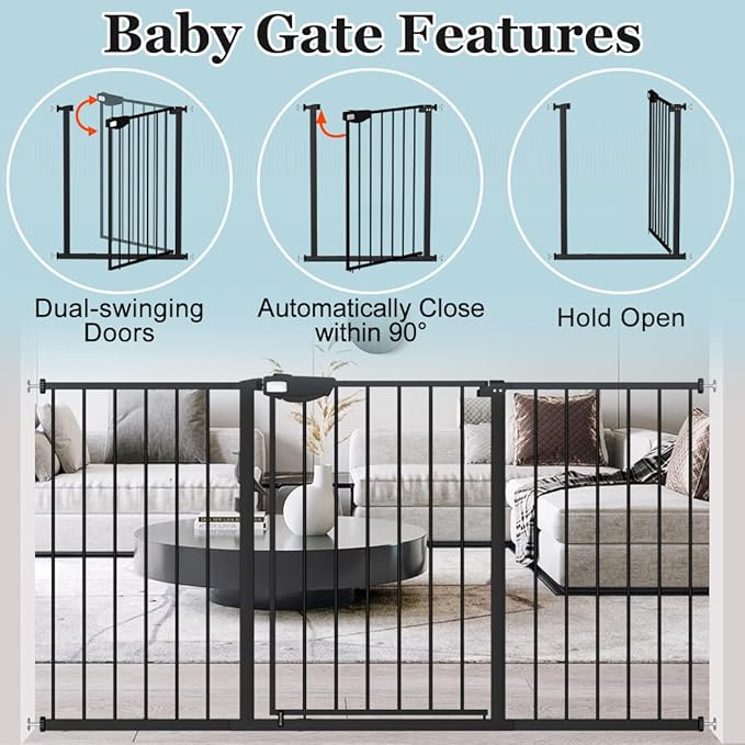 WAOWAO Triple Lock Baby Gate Extra Wide 31.1-35.04" Pressure Mounted Walk Through Swing Auto Close Safety Black Metal Dog Pet Puppy for Stairs,Doorways,Kitchen