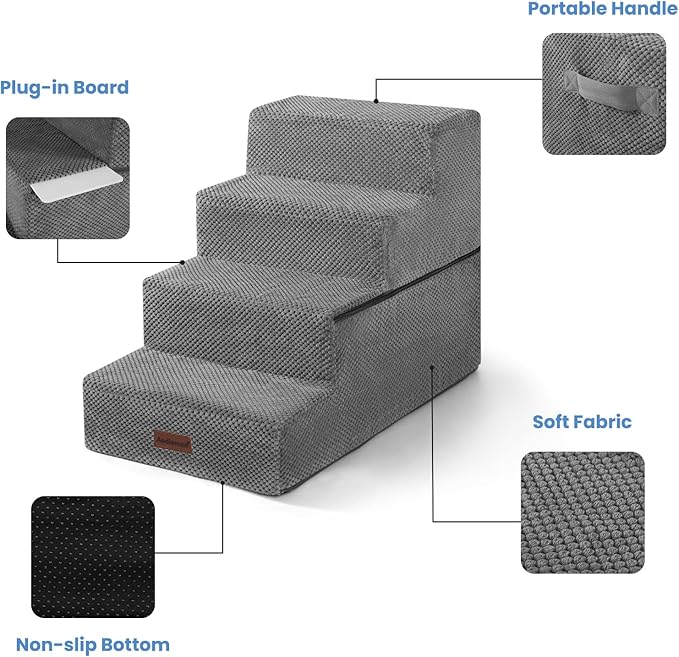 Dog Stairs for Bed 18.5" H, 4-Step Dog Steps for Small Dogs and Cats, Indoor Non-Slip Balanced Pet Stairs are Suitable for Puppy, Older Cat,Gery