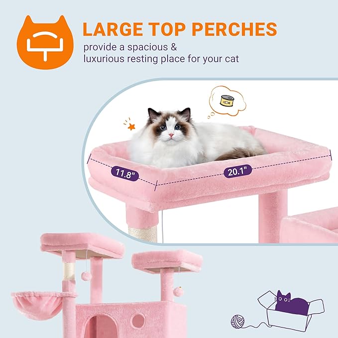 Allewie 81 Inches Tall Cat Tree/Multi-Level Large Climbing Tree House and Towers for Big Feline/Condo and Hammock/Scratching Post/Wide Base/Pink