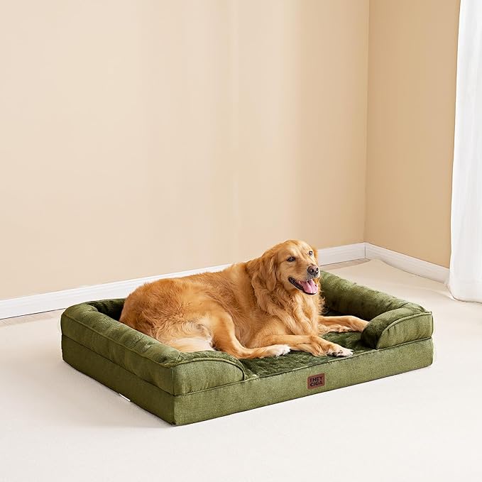 EHEYCIGA Orthopedic XXL Dog Bed for Extra Large Dogs, Waterproof Memory Foam Couch Bed with Sides, Non-Slip Bottom, Washable Removable Cover,Olive Green