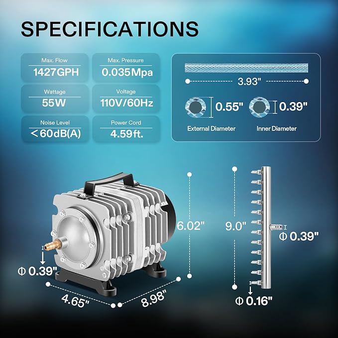 VIVOSUN 1427GPH Aquarium Air Pump Commercial Air Pump with Aluminum Housing | 12 Outlet 55W 90L/min, Fish Tank Bubbler Pond Aerator for Aquariums, Ponds, Hydroponics