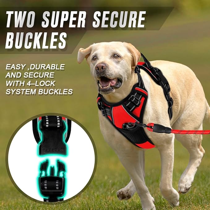 BARKBAY No Pull Dog Harness Front Clip Heavy Duty Reflective Easy Control Handle for Large Dog Walking(Red,L)