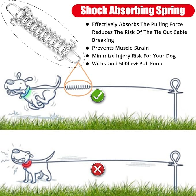 jenico Dog Tie Out Cable, 10/15/20/30/40/50/70/100/150FT Runner Cable with Swivel Hook and Shock Spring, Dog Leash Run Tether for Yard Outdoor and Camping,for Small to Medium Pets Up to 500 LBS