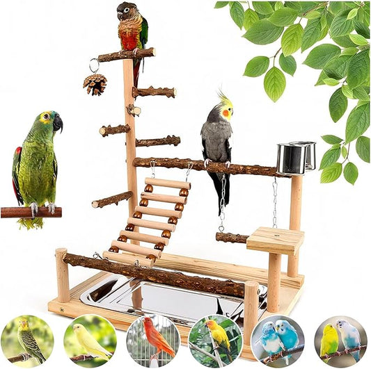 Bird Playground, Parrot Perch Stand, Natural Wood Bird Play Stands for Cockatiel Wood Perch Gym Playpen Ladder with Removable Tray and 2 Stainless Steel Cups, Bird Cage Accessories, Parrot Swing